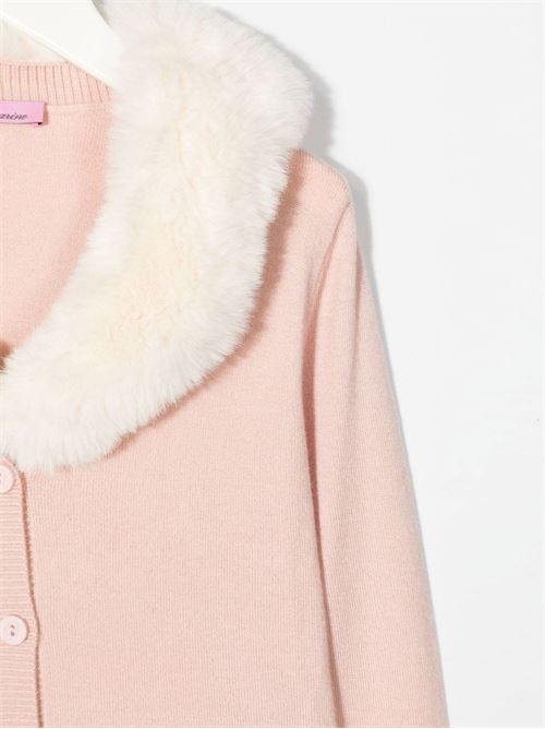 Cardigan bambina rosa chiaro con collo in pelliccia bianca Miss Blumarine | IF2054MAB01R9467